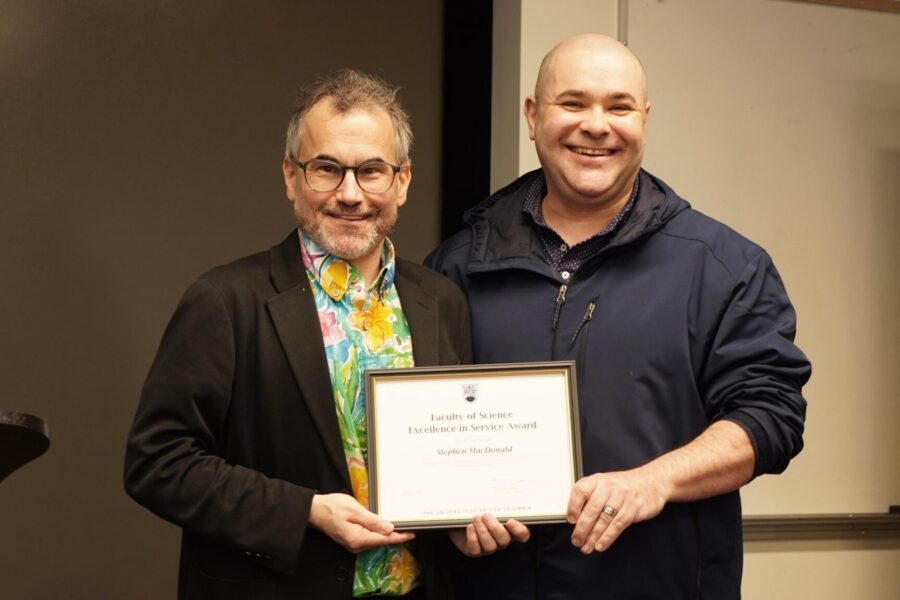 Dr. Mark MacLachlan (left) presented Stephen MacDonald (right) with his award at the Faculty of Science meeting on March 3, 2026