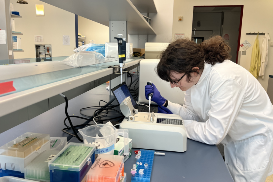 Abigail Culbertson uses a Nanodrop instrument to measure RNA concentration and purity.